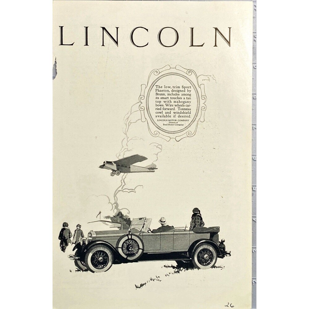 Lincoln Motorcar "The low, trim Sport Phaeton design by Brunn" Vtg Print Ad 1926
